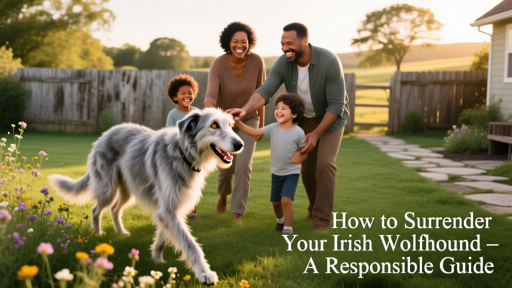 A happy Irish Wolfhound exploring a spacious, fenced yard with its new adoptive family