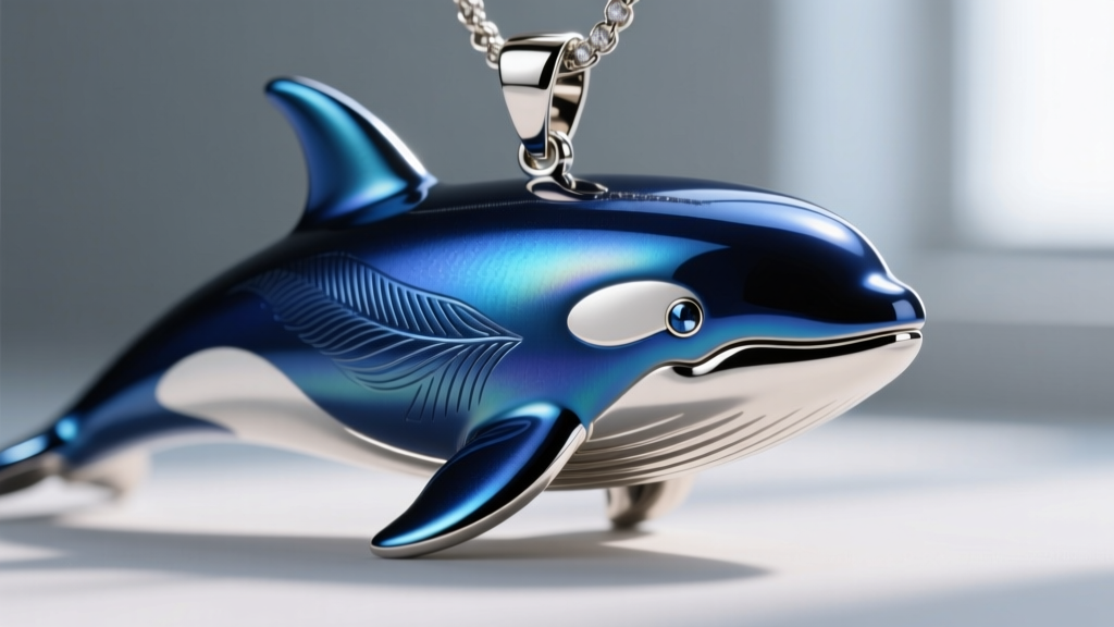 Close-up of a marine-grade titanium orca whale pendant showing the anodized blue oxide layer and highly polished metal core.