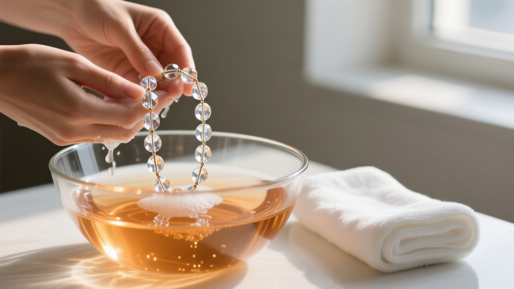 Hands gently washing a crystal glass chain necklace in a clear bowl of warm soapy water, with a microfiber cloth waiting nearby.