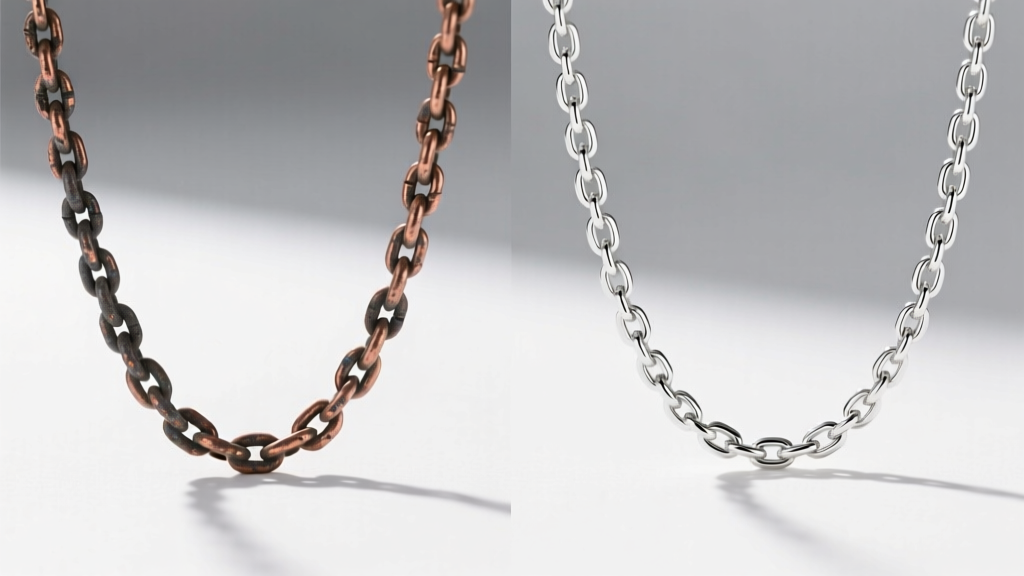 Side-by-side comparison showing a tarnished copper-alloy silver chain next to a bright, untarnished Argentium silver chain.