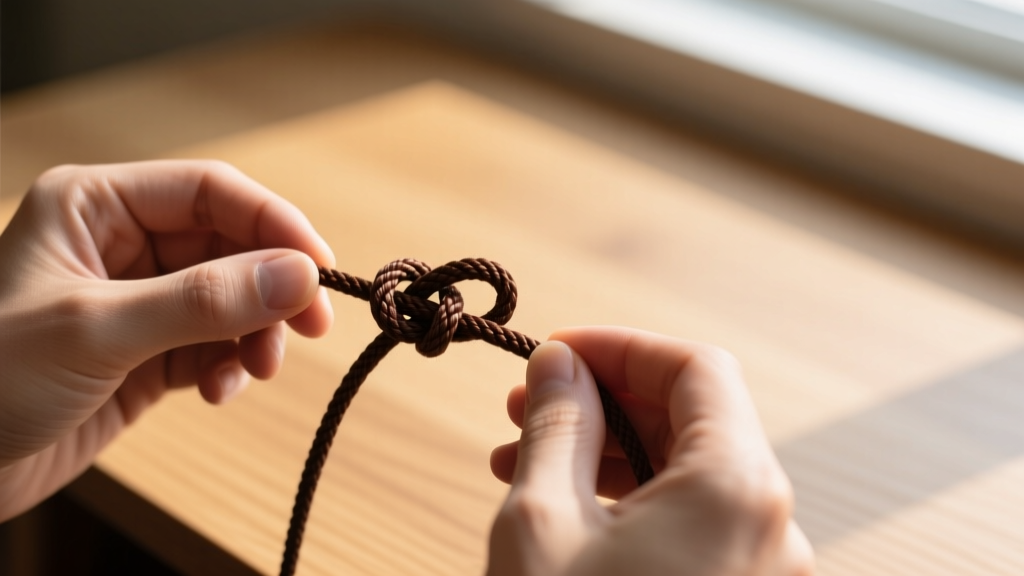 Hands tying a dark brown waxed cotton adjustable sliding knot on a 1mm cord, showing overlapping loops on a wooden desk