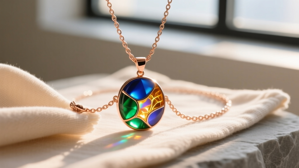 Soft microfiber cloth gently polishing a rose gold chain with a colorful resin pendant, illuminated by warm natural morning light.