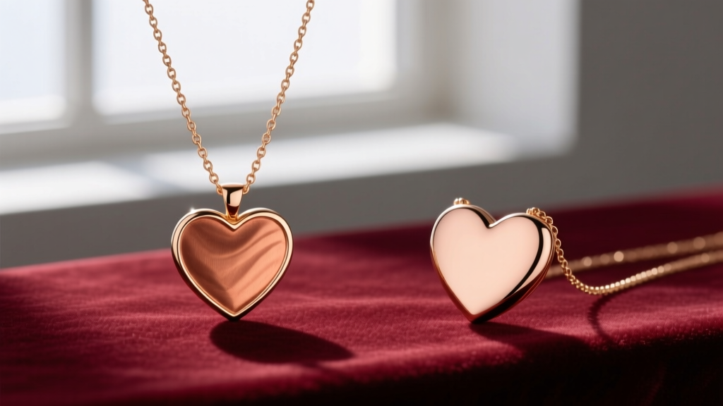 Side-by-side view of 14k and 18k rose gold heart necklaces on velvet, showing the deeper, warmer copper tone of the 14k karat alloy.