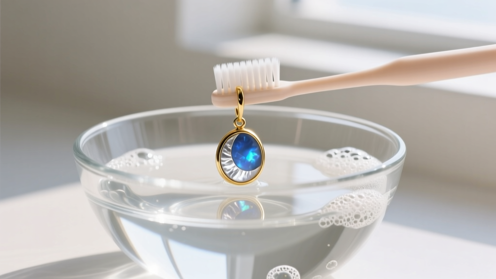 Soft baby toothbrush gently cleaning an 18k gold moonstone drop earring in a glass bowl of distilled water and mild soap
