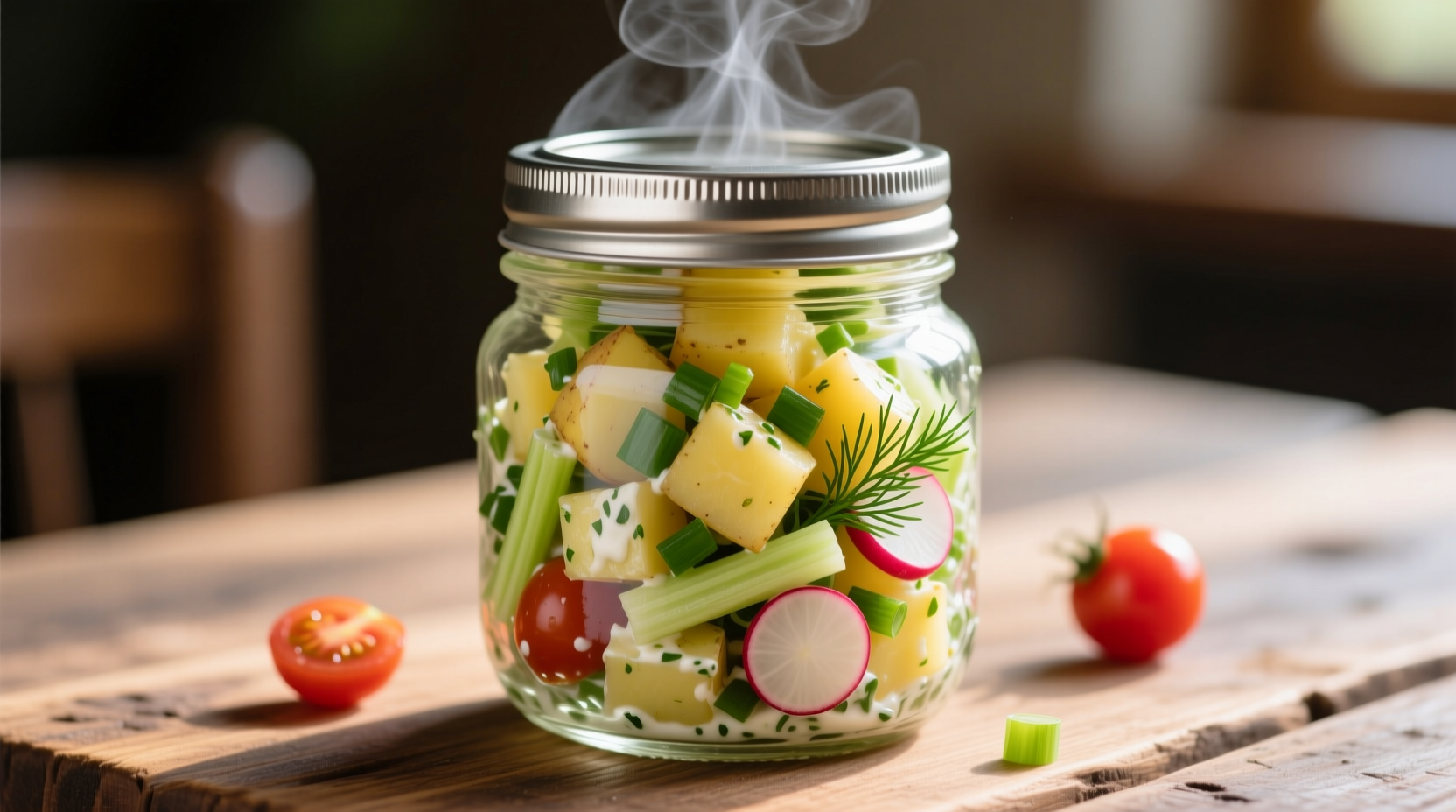 Fresh potato salad in glass container with proper lid