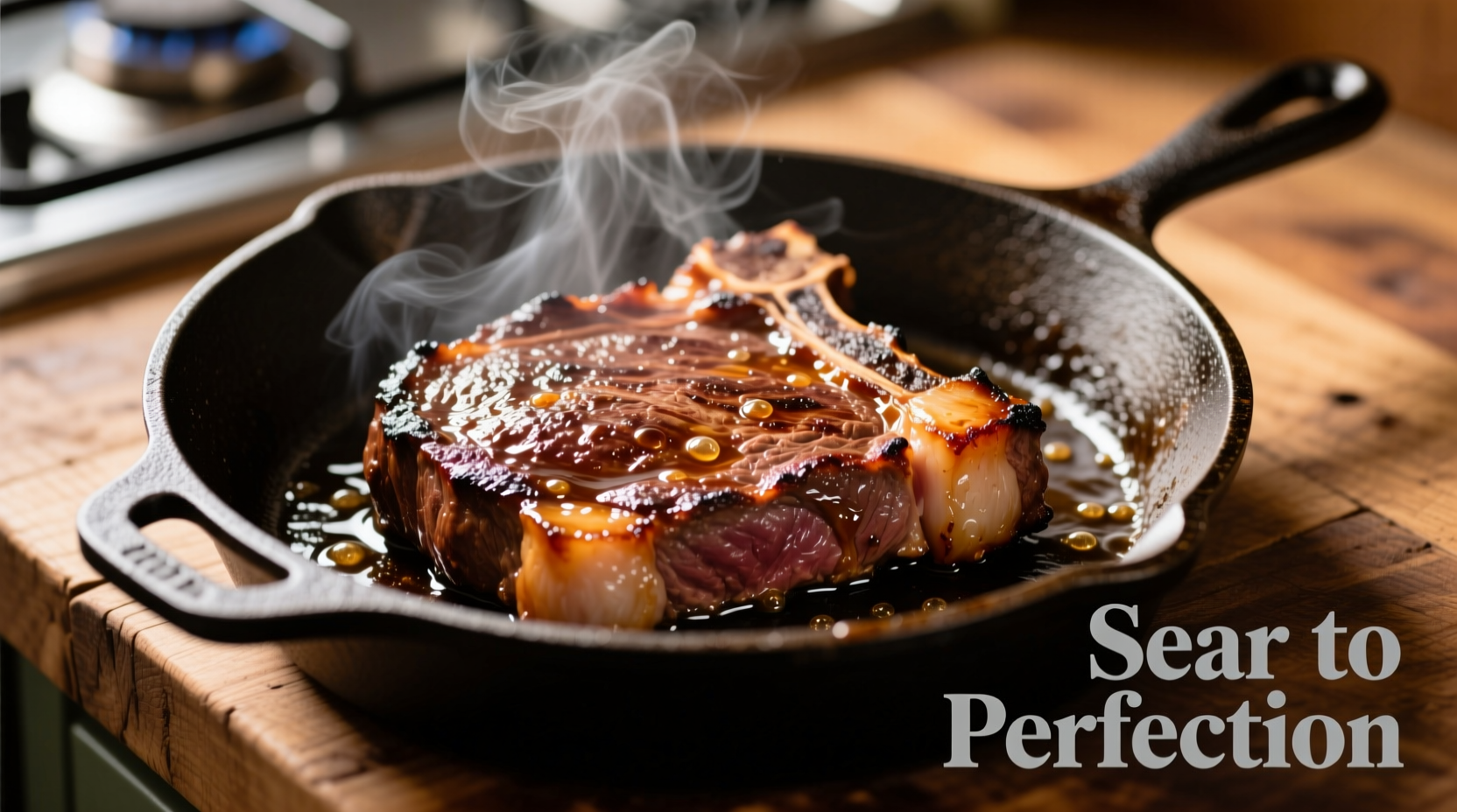 Chuck steak searing in cast iron skillet