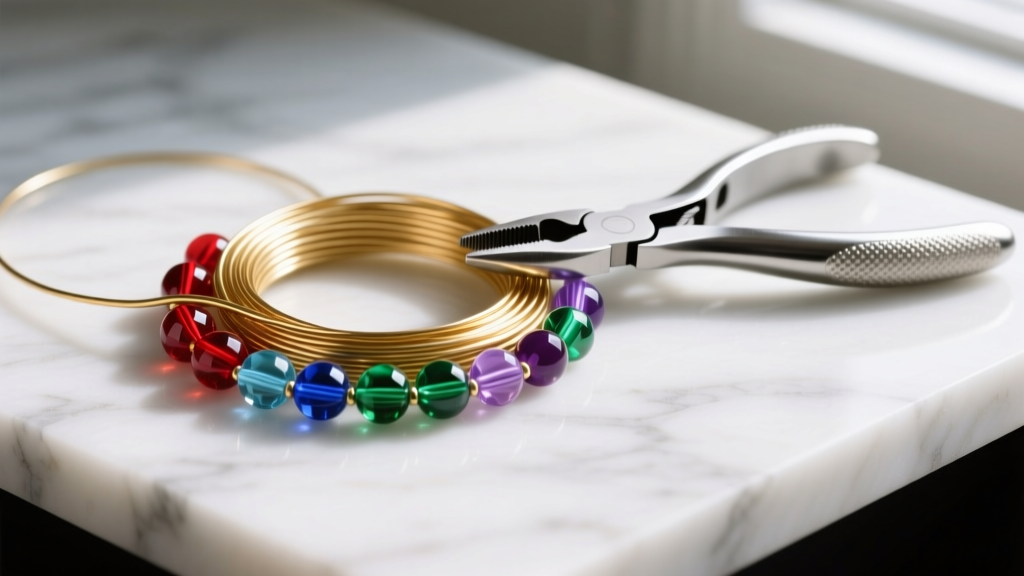 Close-up of 20-gauge gold wire, vibrant Miyuki seed beads, and pliers arranged neatly on a clean white marble workbench surface