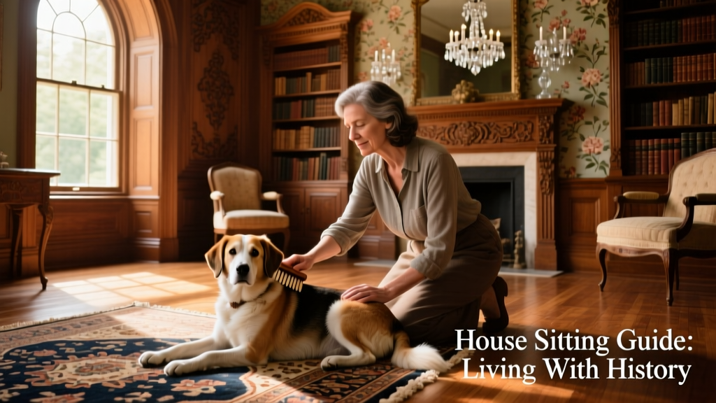 A person gently brushing an older dog inside a grand, light-filled historic home with ornate woodwork and period furnishings