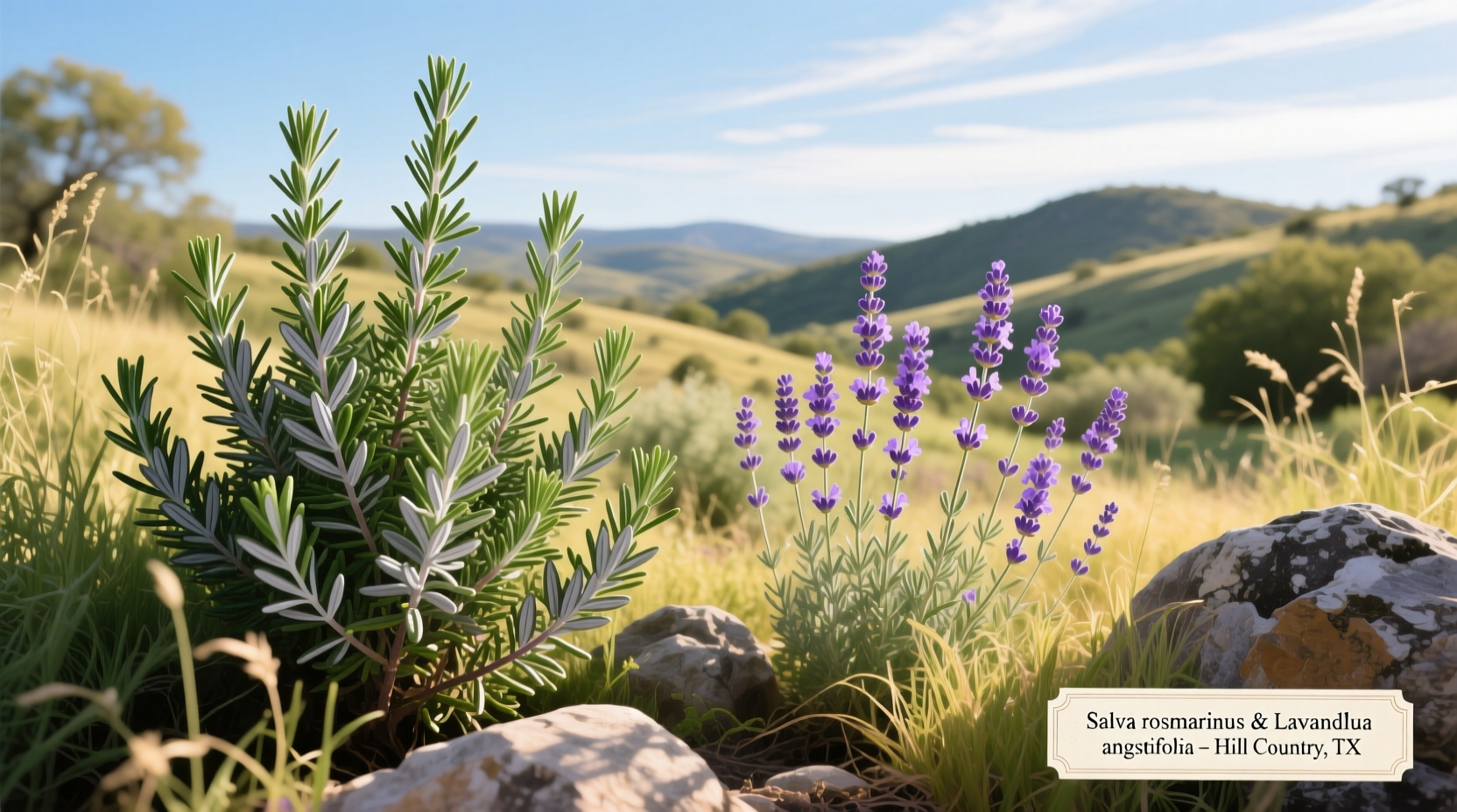 Thriving rosemary and lavender in established Hill Country herb garden
