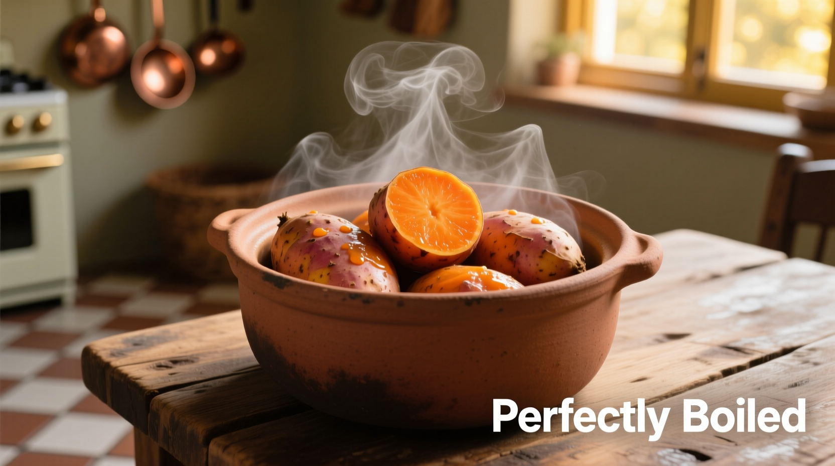 Perfectly boiled sweet potatoes in a pot with steam rising