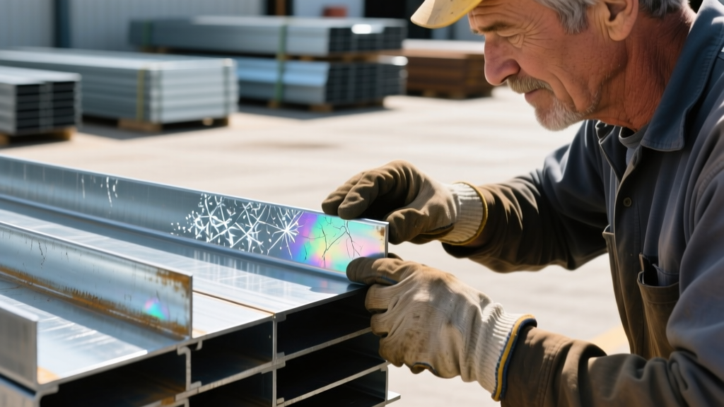 Close-up of a contractor inspecting the galvanized coating on a stack of G90 steel wall studs at a local building supply yard