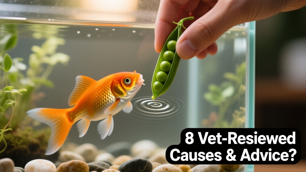 Close-up of a hand gently feeding a de-skinned green pea to a goldfish in an aquarium