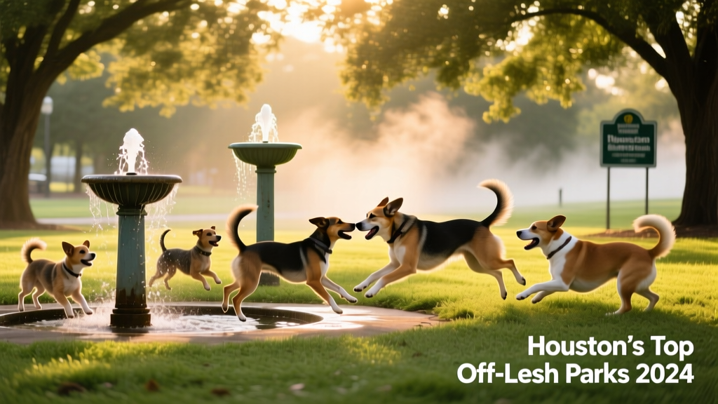A lively mixed-size dog group playing in a lush, tree-shaded dog park with visible misting stations and dual-height water fountains