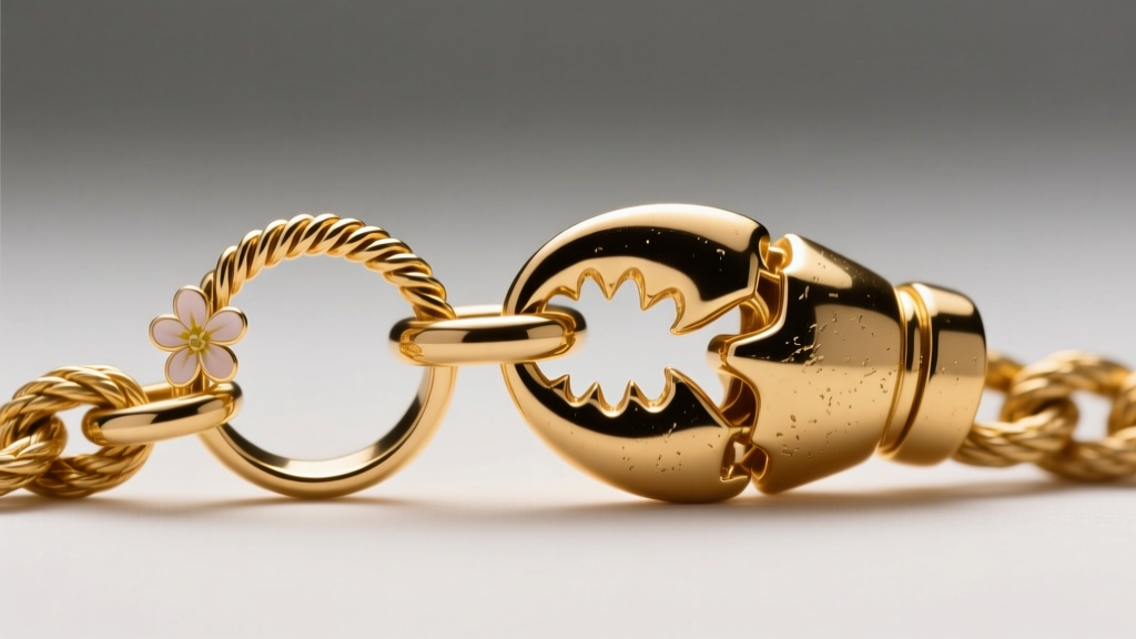 Macro shot comparing a delicate spring ring clasp to a sturdy lobster clasp on a gold rope chain with sharp focus on metal links