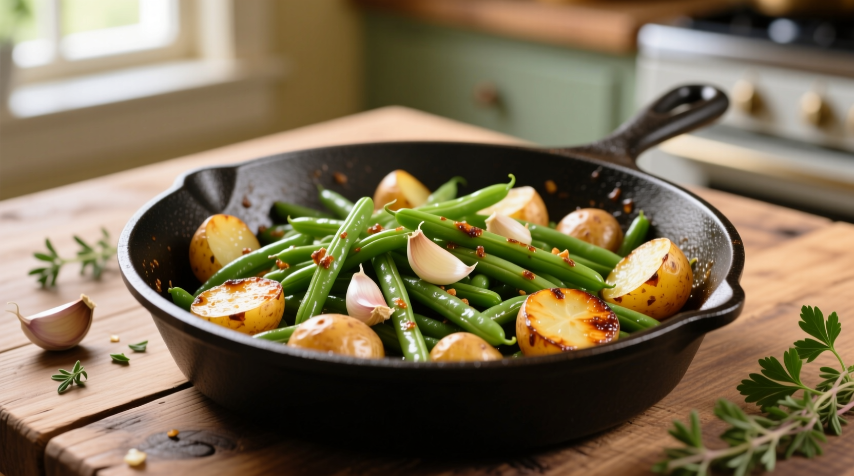 Green beans and potatoes sautéed with garlic in skillet