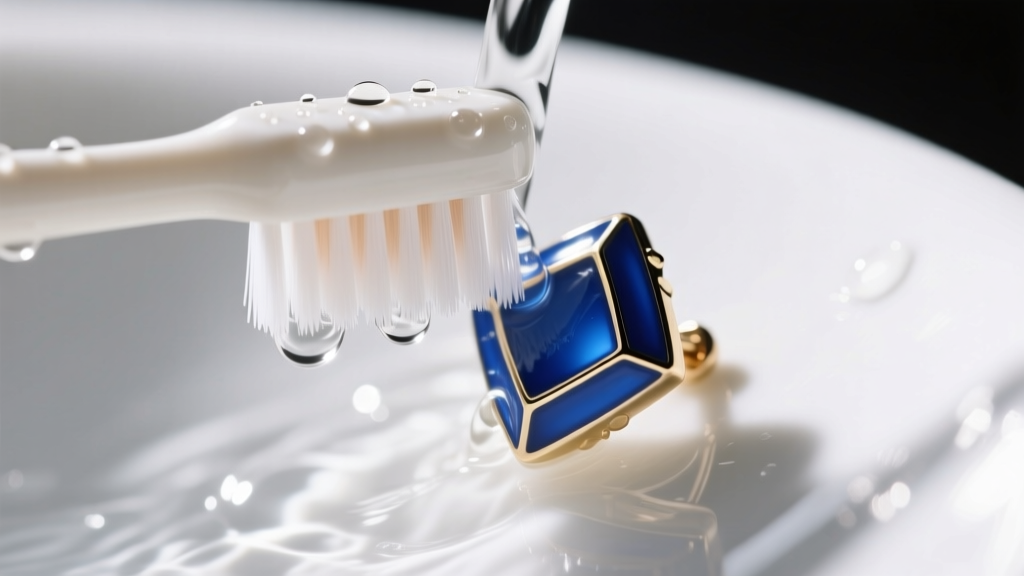 Close-up of a soft-bristled baby toothbrush gently cleaning a blue enamel Calcifer stud earring under a stream of distilled water.