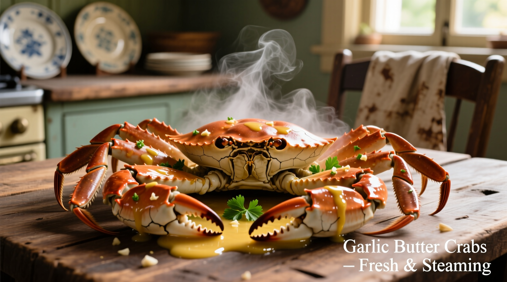 Steaming crab legs with garlic butter sauce