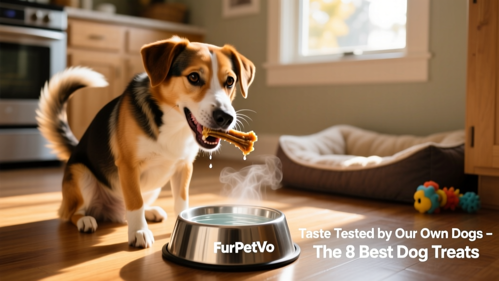 A mixed-breed dog happily chewing a FurPetVo dental chew while sitting beside a water bowl