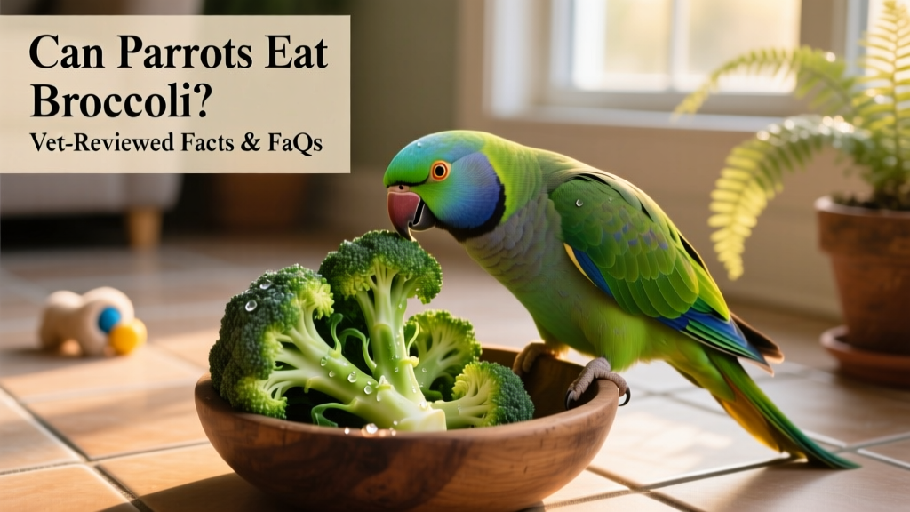 Colorful parrot perched beside a bowl of fresh broccoli florets and stems