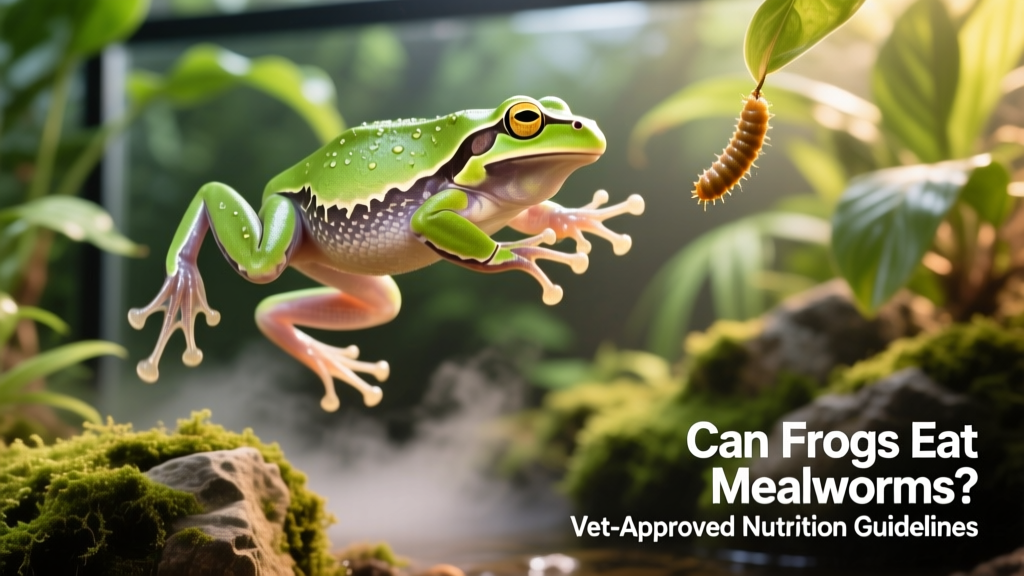 A healthy adult frog mid-leap, captured in naturalistic terrarium lighting