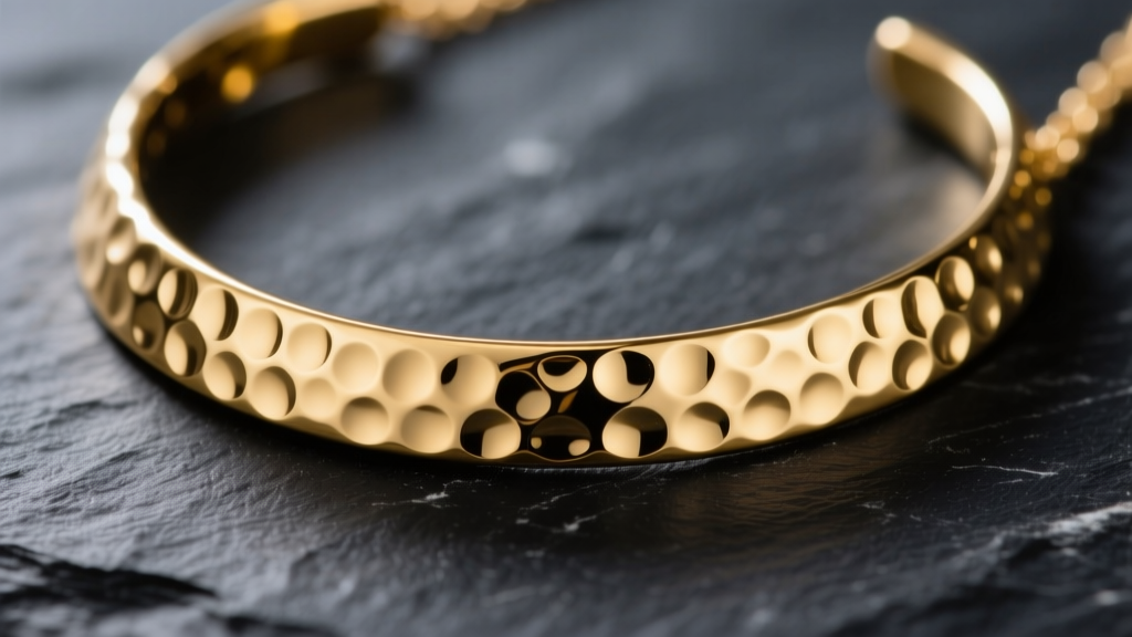 Macro shot of a 14k gold hammered metal necklace catching light, showing artisanal dimples and polished edges on dark slate.