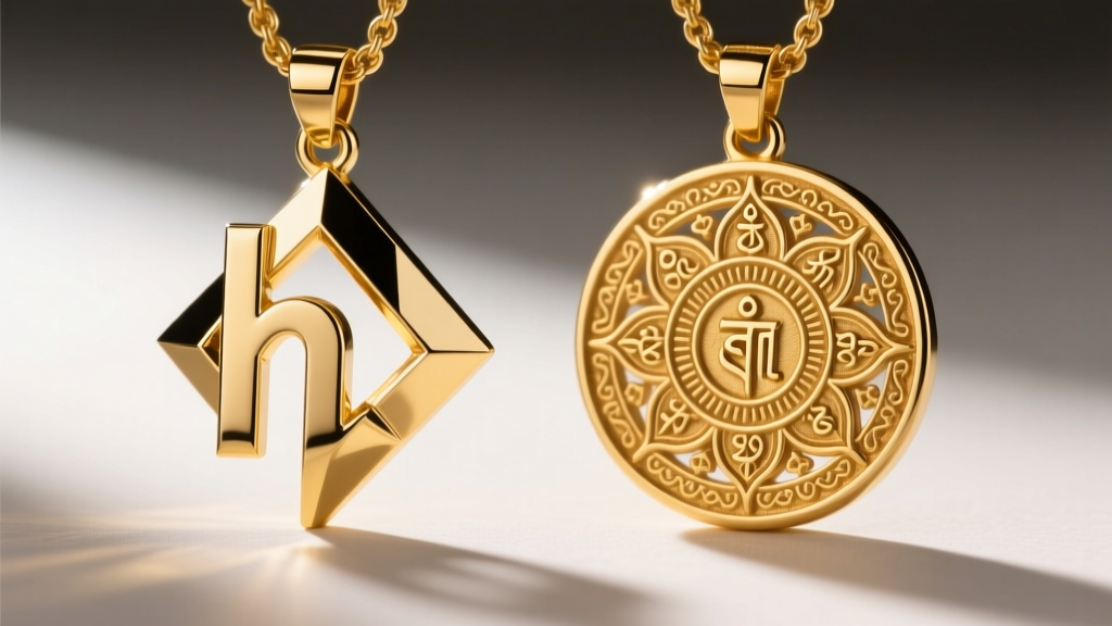 Macro photo of two gold-plated pendants, contrasting a tilted geometric hate symbol with a traditional flat spiritual design.