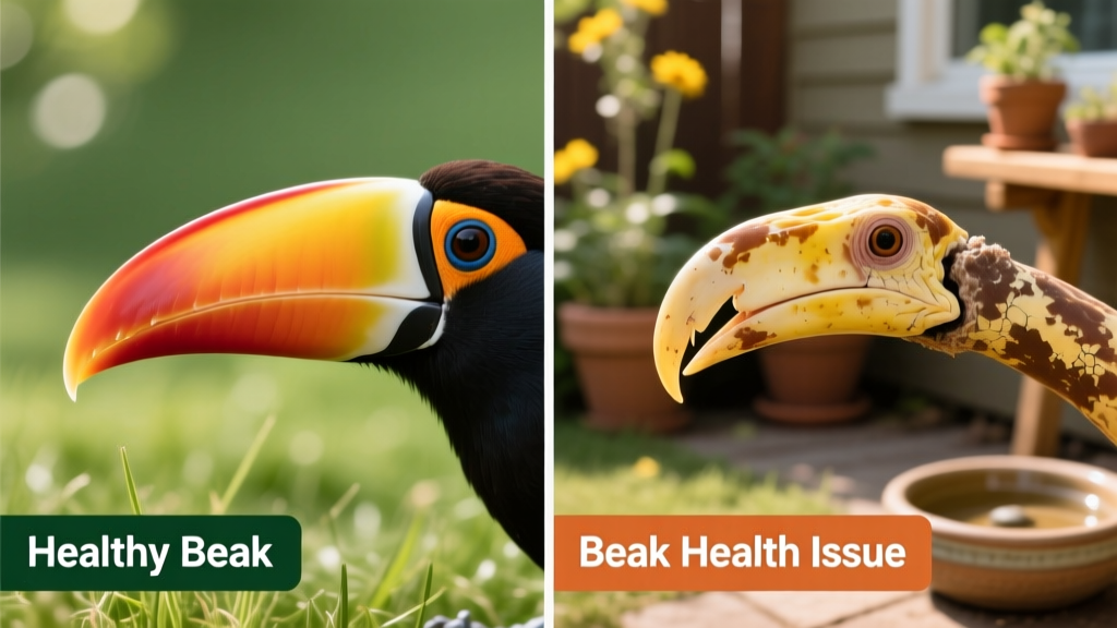 Side-by-side comparison showing a healthy bird beak versus one with visible discoloration and texture changes