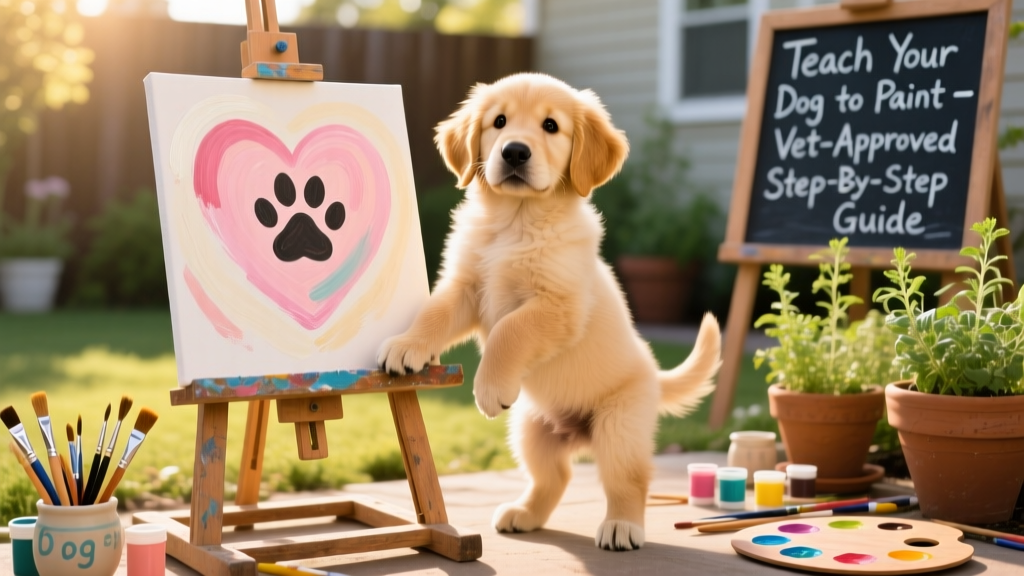 Cute puppy standing with a painting of a heart with paw prints going through it.