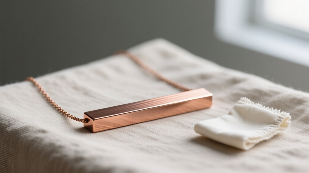 Pure copper EMF bar necklace with a brushed finish, displayed on neutral linen cloth beside a small jewelry polishing cloth