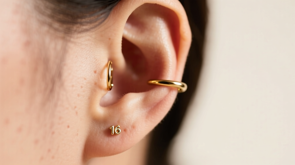 Close-up of an earlobe wearing a 16-gauge gold leverback, showing the flat wire against the skin under soft studio lighting