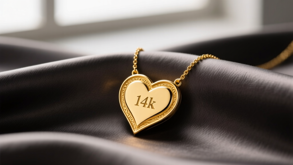 Close-up of a polished 14k yellow gold engravable heart necklace resting on silk fabric, soft studio lighting highlighting the metal