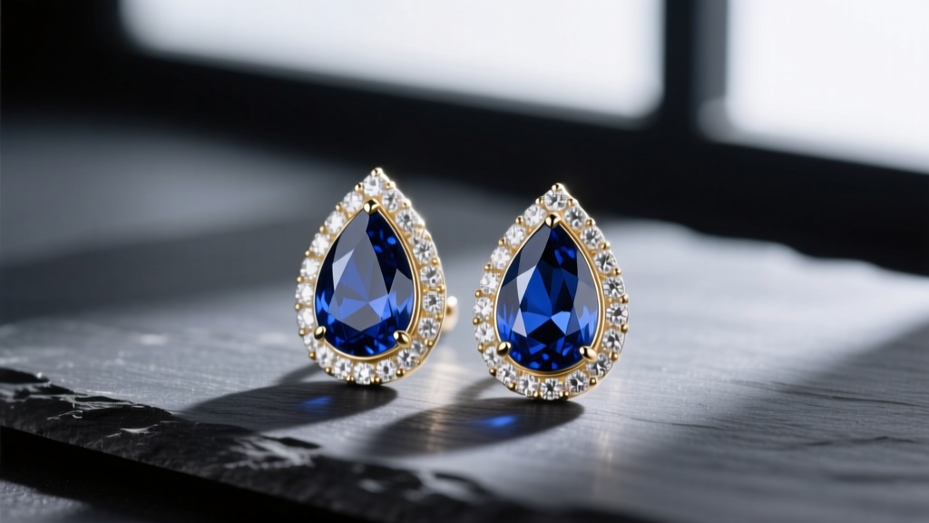 Close-up of 18k white gold sapphire teardrop earrings on dark slate, highlighting deep blue pear-cut gems and diamond halos