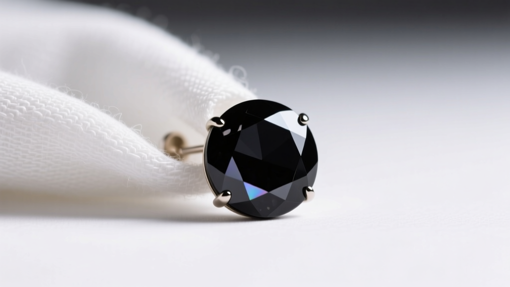 Close-up of a black spinel bead earring wiped with a soft cloth under bright, even studio lighting on a clean white surface.