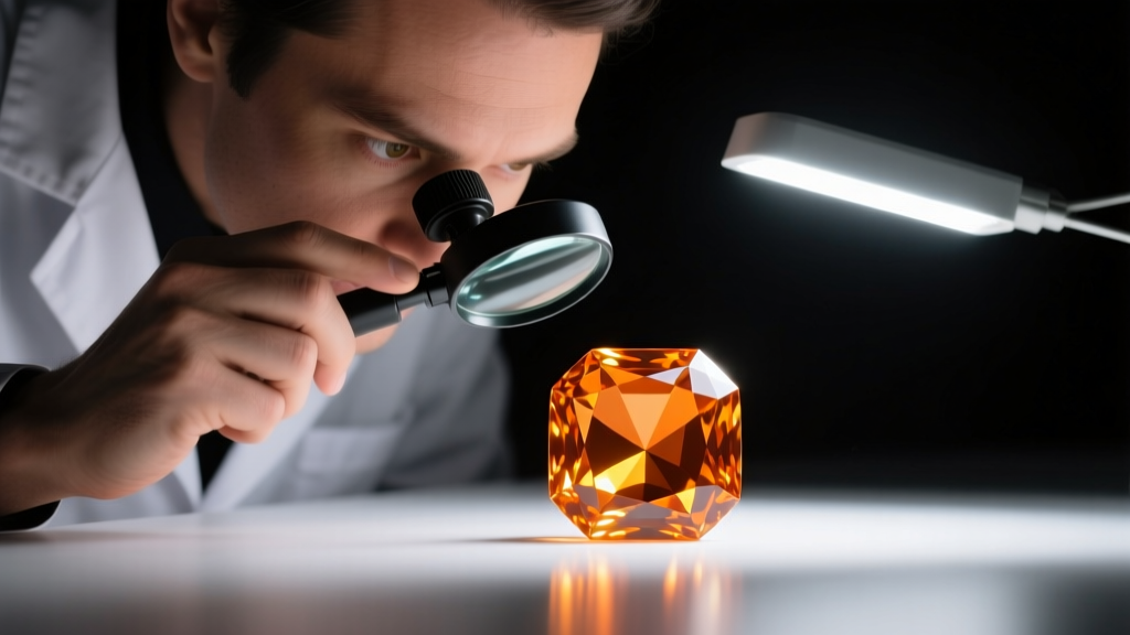 Jeweler using a 10x loupe to inspect an orange sapphire gemstone, bright LED light illuminating the stone's intricate facets.