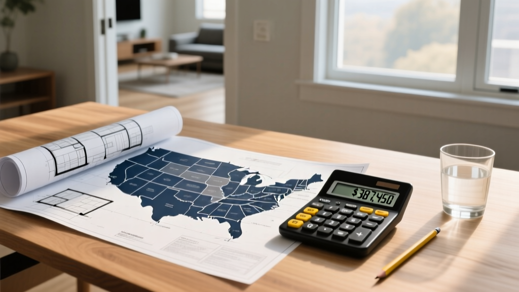 Architectural blueprints spread across a wooden desk next to a regional US map and a calculator estimating custom home construction costs