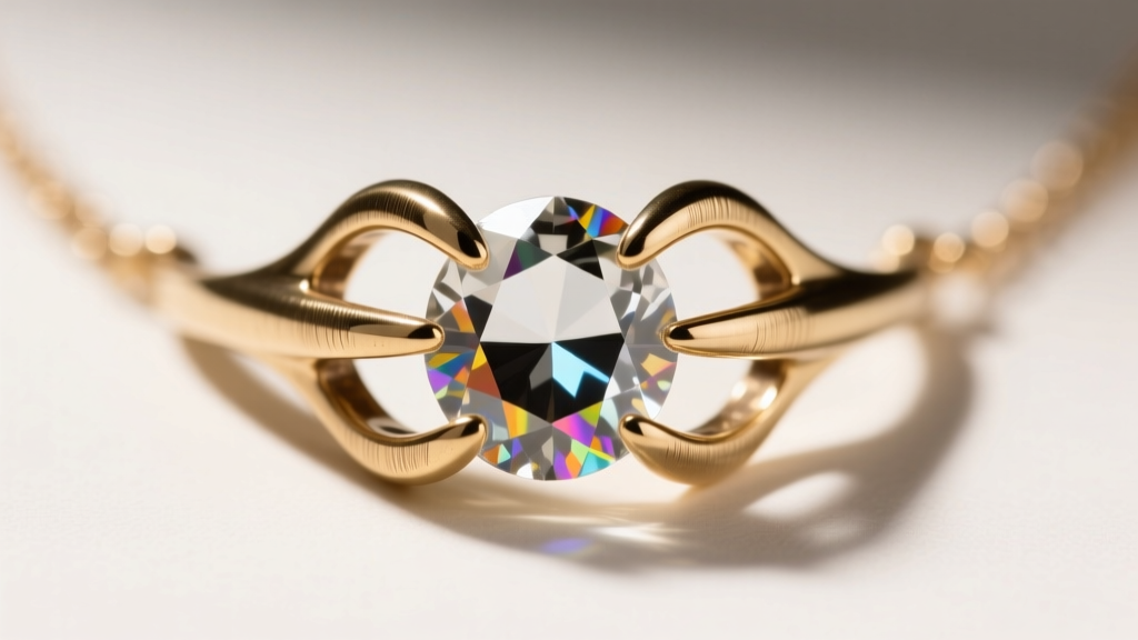 Macro shot of a brass necklace setting showing intricate four-prong metal claws securely holding a faceted lead-free glass crystal