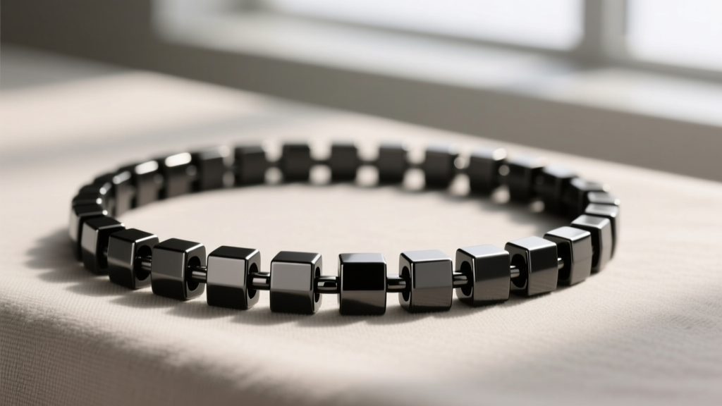 Detailed view of a black PVD-coated titanium cube chain necklace highlighting the dark gunmetal finish and sharp edges