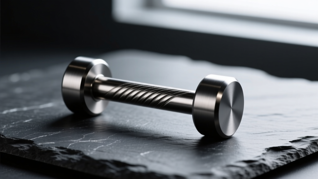 Macro shot of a 16-gauge gunmetal titanium barbell on dark slate with side lighting highlighting the dark PVD finish