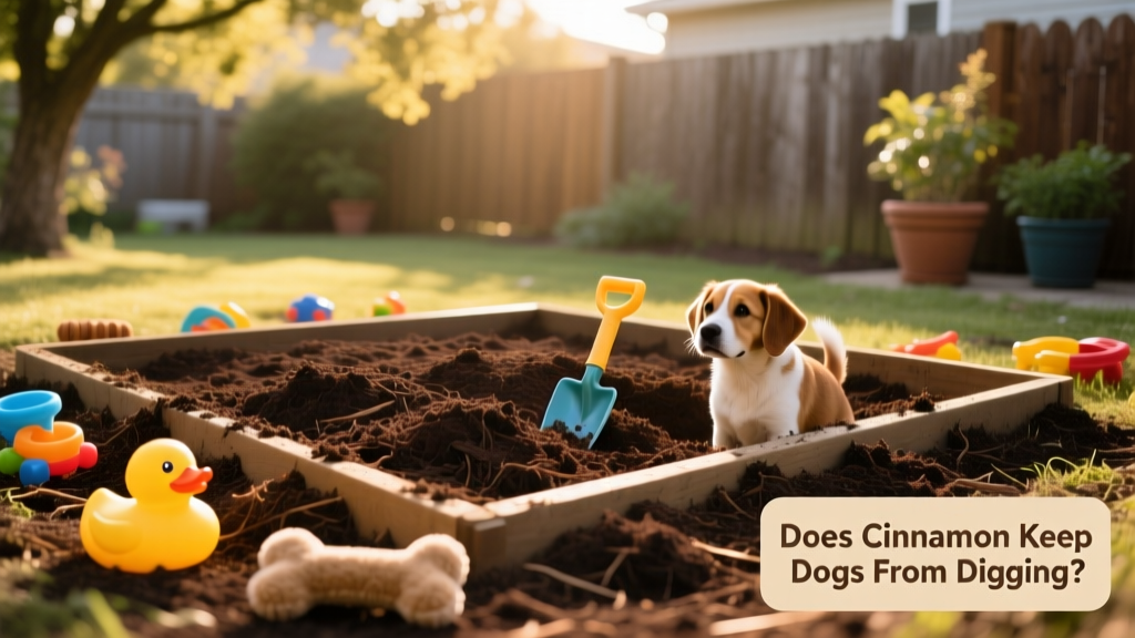 A backyard with a section of soil covered in mulch and toys nearby, showing a designated 'dig zone'