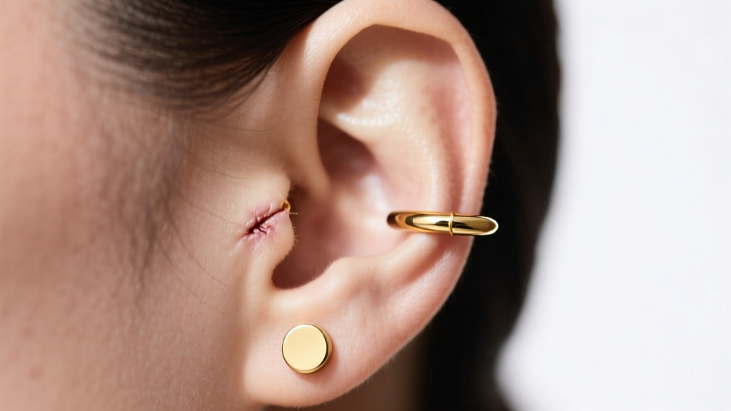 Side profile of a healed ear piercing wearing a secure threadless 14k solid gold flat back labret, showing proper post length