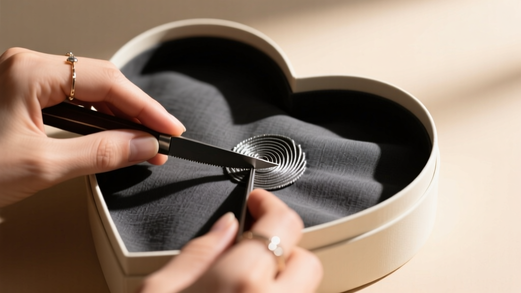 Close-up of hands making precise relief cuts into dark grey anti-tarnish fabric to fit the inner cleft of a heart shaped box
