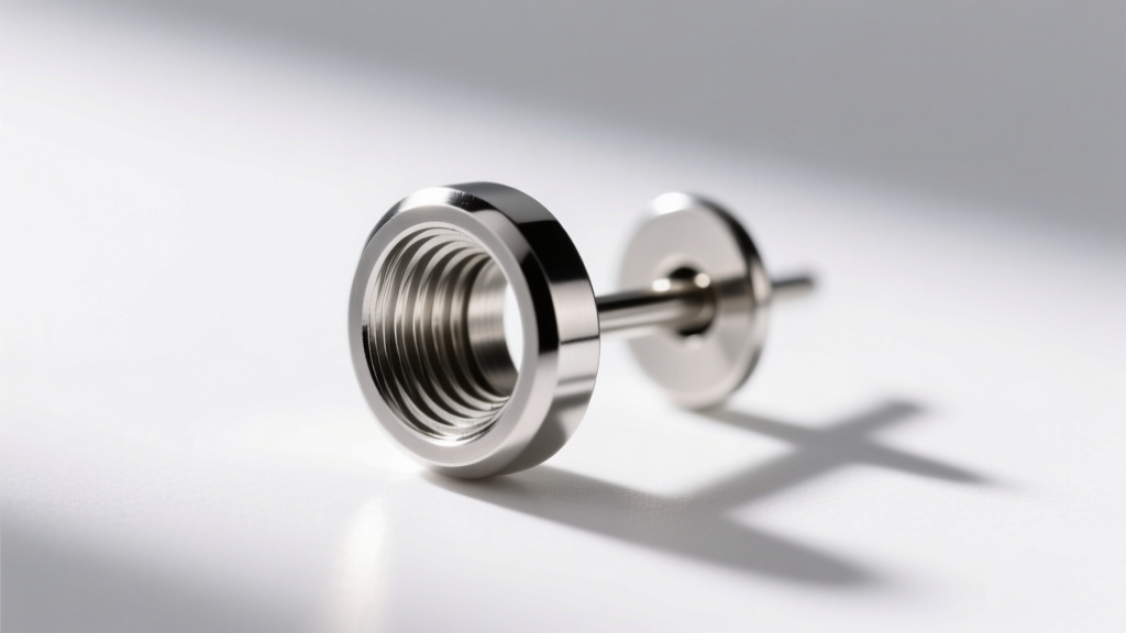Macro shot of internally threaded 16-gauge implant-grade titanium flat-back earring post, highlighting the smooth polished surface.