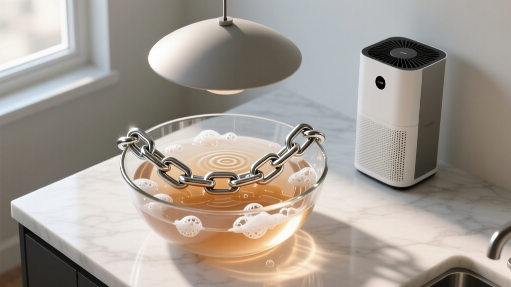 Overhead view of a stainless steel chain soaking in a glass bowl of warm soapy water beside the main air purifier pendant unit.