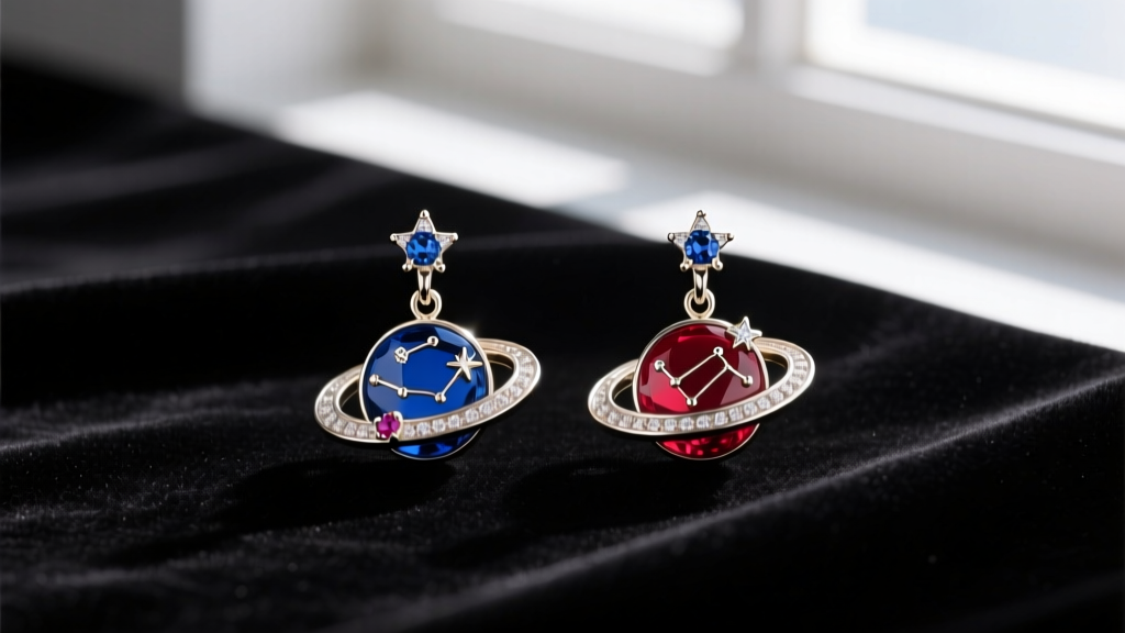 Flat lay of planetary-themed demi-fine drop earrings on dark velvet, highlighting sapphire and ruby gemstone accents in daylight.