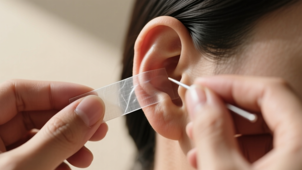 Hands applying clear medical tape behind a stretched earlobe to support the skin, illuminated by soft, diffused natural daylight.