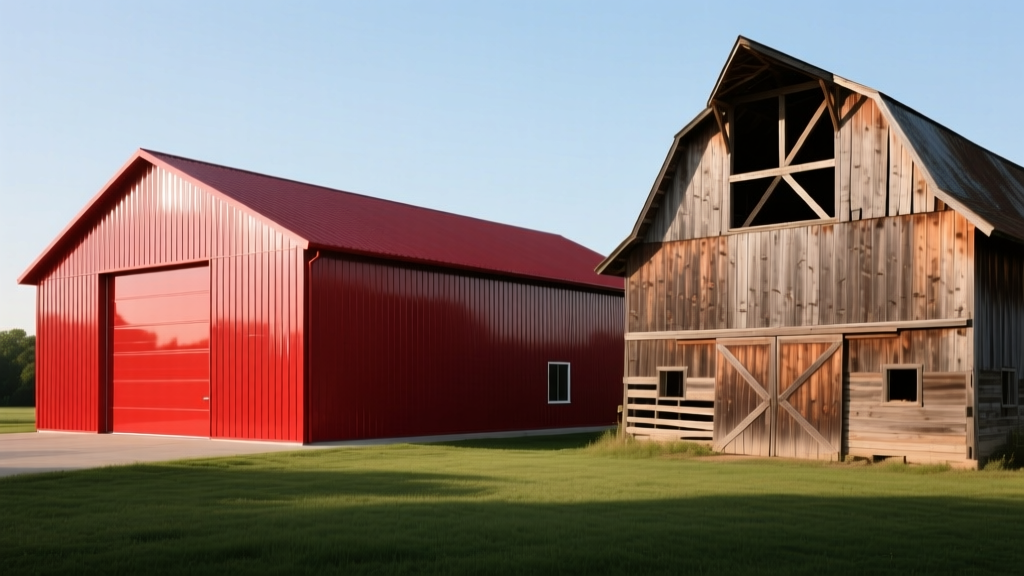 Wide-angle view of a partially framed 40x60 metal shop with red steel siding next to a traditional wood pole barn structure