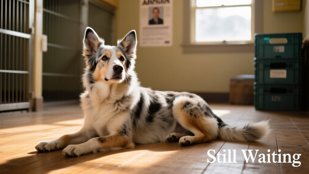 Senior Kelpie mix lying quietly on the floor, looking timid but gentle