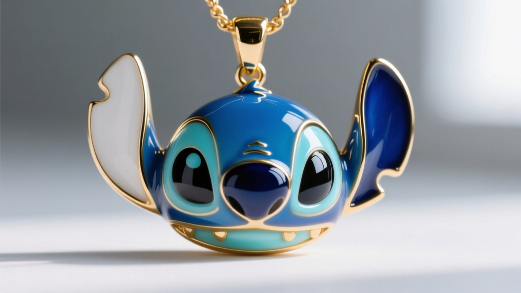 Close-up of a vitreous enamel Disney Stitch pendant showing the glass-like luster and precise gold wire cloisonné boundaries
