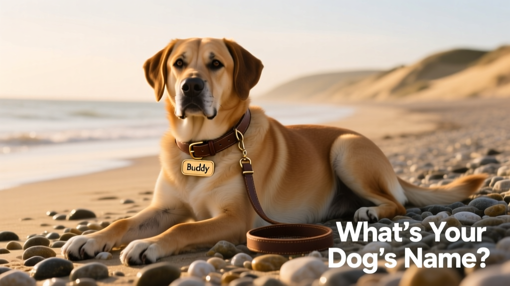 large dog lying on a pebble beach with a leash and collar