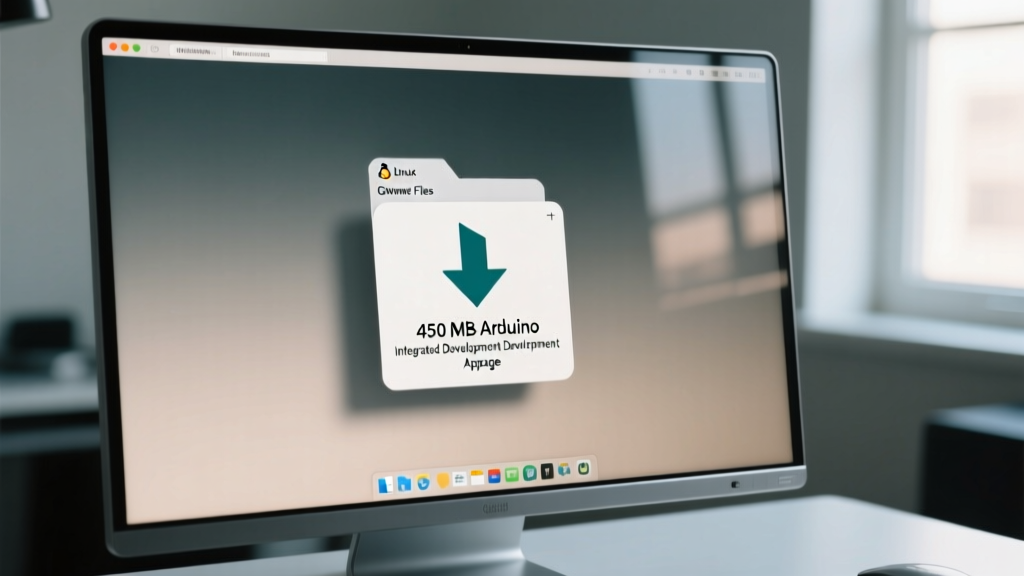 File manager showing the downloaded 450 megabyte Arduino Integrated Development Environment AppImage package in the default Downloads folder on a Linux desktop